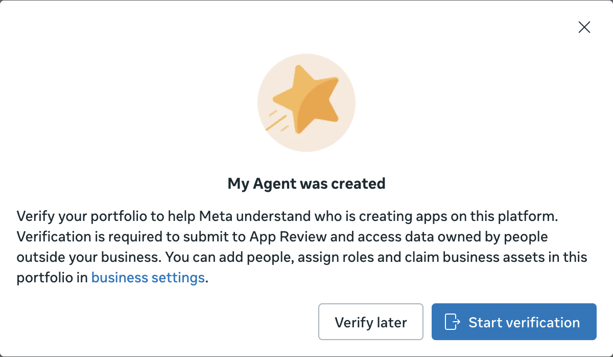 The portfolio created dialog with Verify later and Start verification buttons