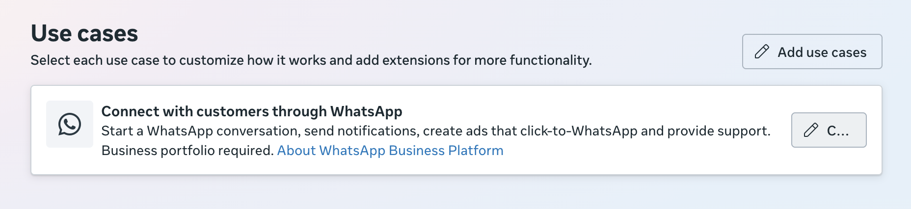 The WhatsApp use case card with the pencil customize button on the right
