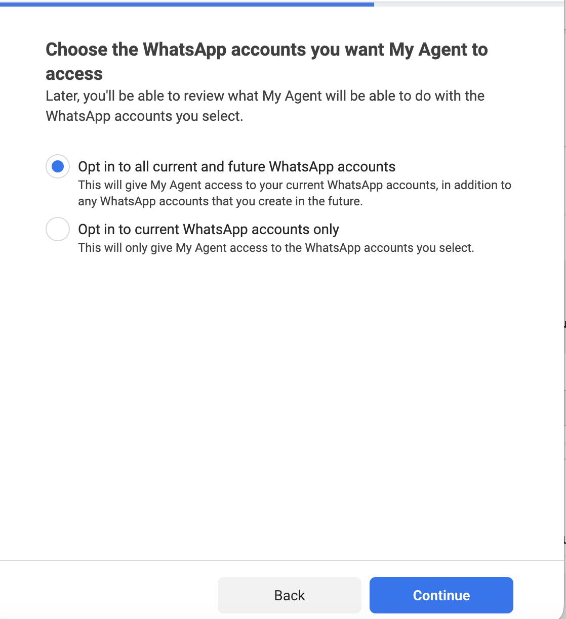 The opt in dialog with all current and future WhatsApp accounts selected