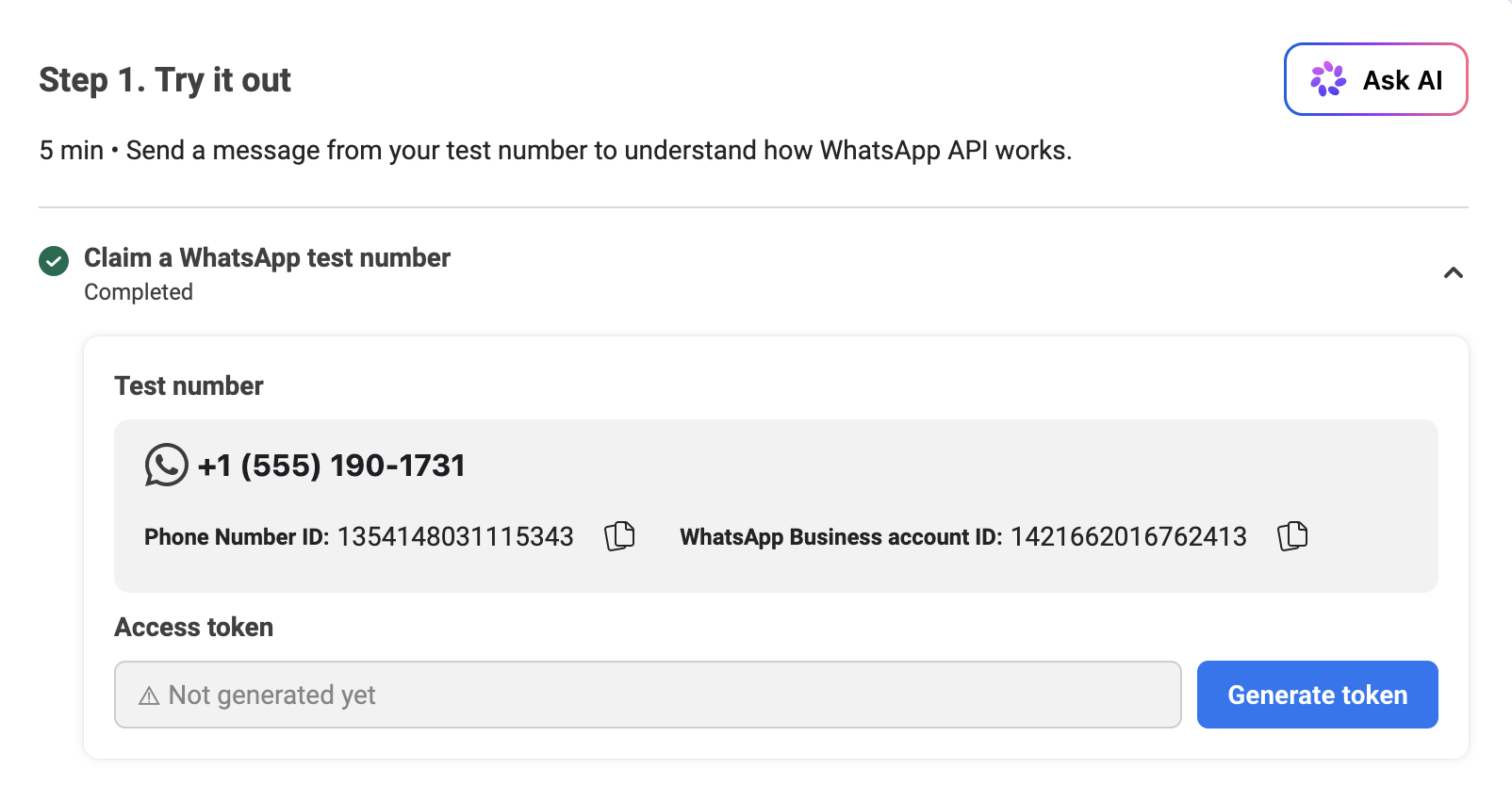 The Try it out panel showing the test number, phone number ID and WhatsApp Business account ID
