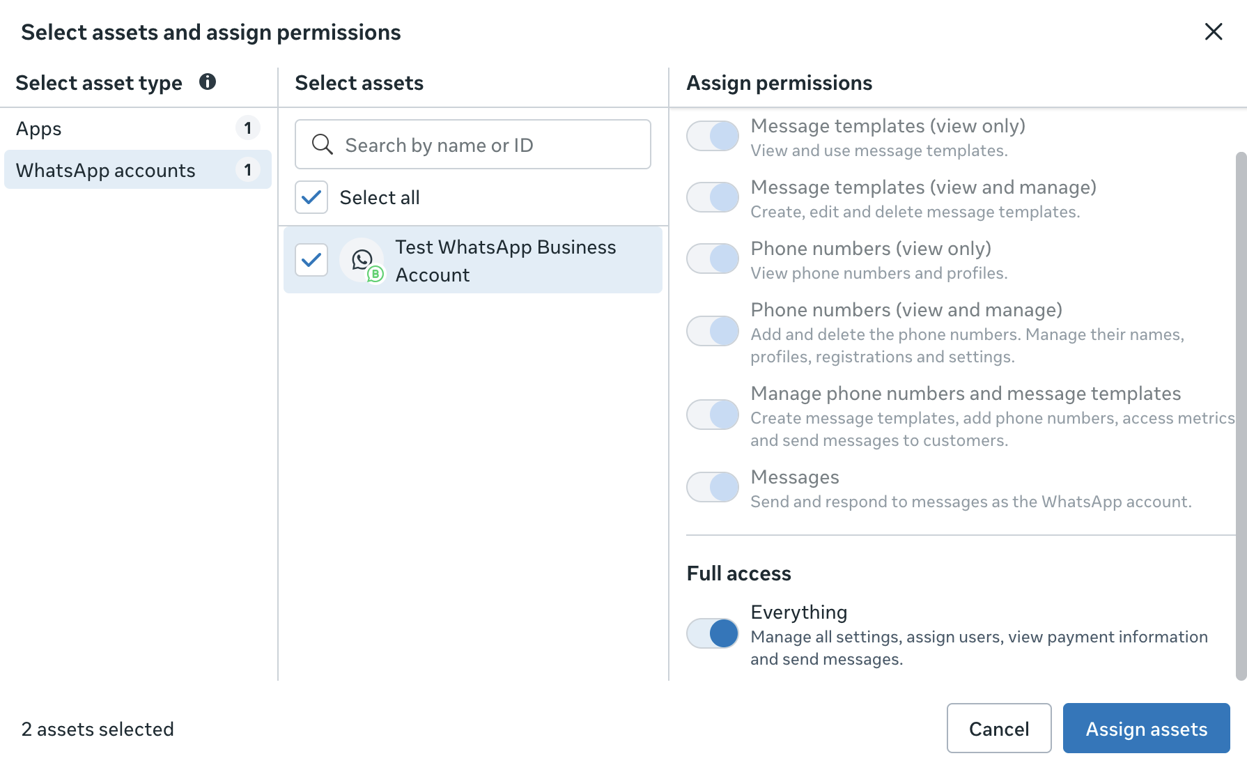The Select assets and assign permissions dialog with the WhatsApp account selected and Full access on