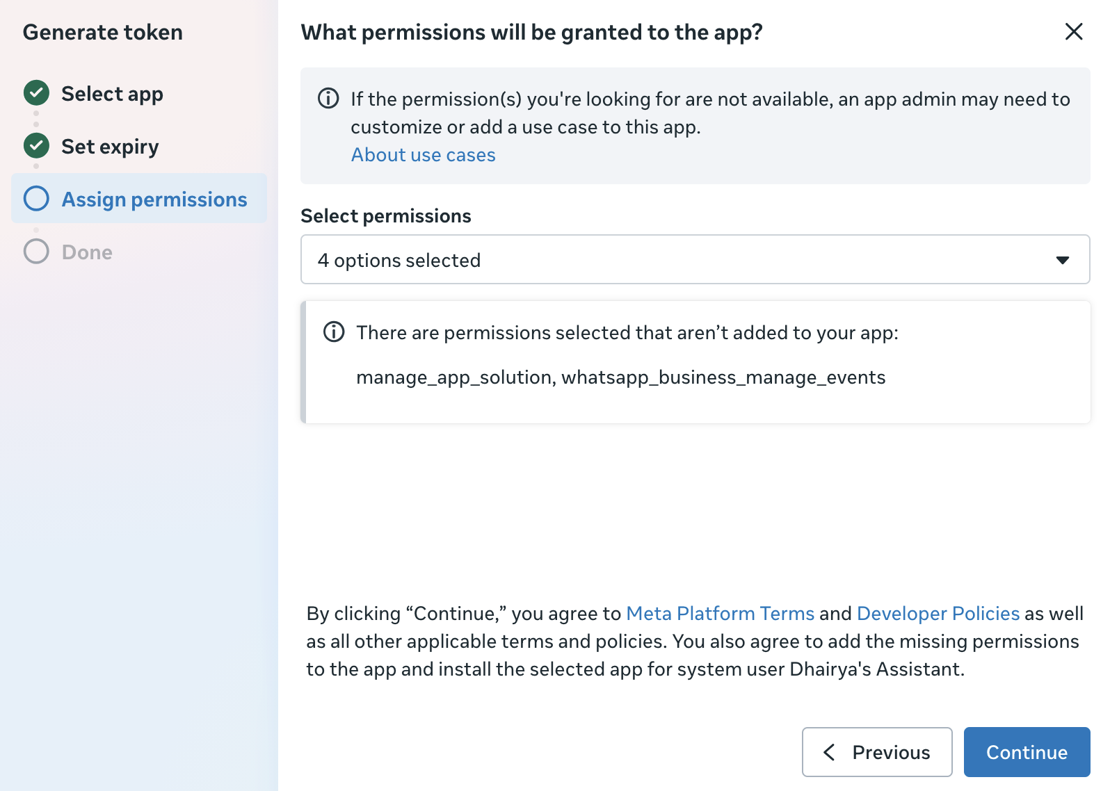 The assign permissions screen with all options selected