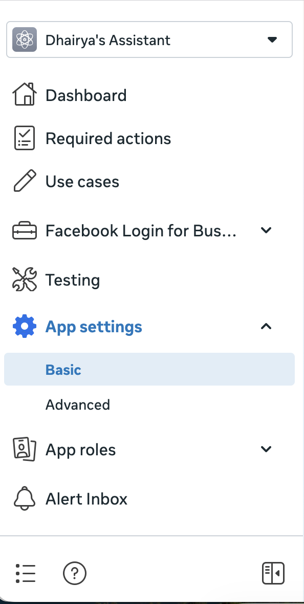 The app dashboard sidebar with App settings expanded and Basic selected